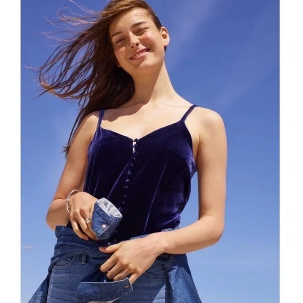 Madewell Tank Top Velvet Button-Down Cami Blue 2